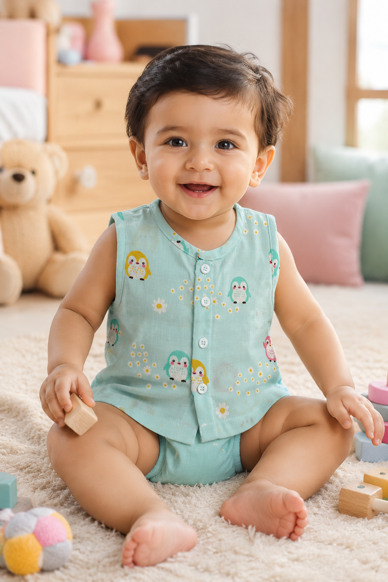 1 Pc Sleeveless 90 GSM Checkered Muslin Jhabla Vest - Blue Penguin