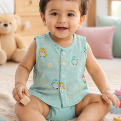 1 Pc Sleeveless 90 GSM Checkered Muslin Jhabla Vest - Blue Penguin