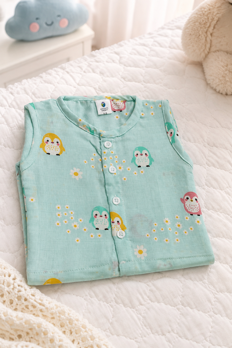 1 Pc Sleeveless 90 GSM Checkered Muslin Jhabla Vest - Blue Penguin