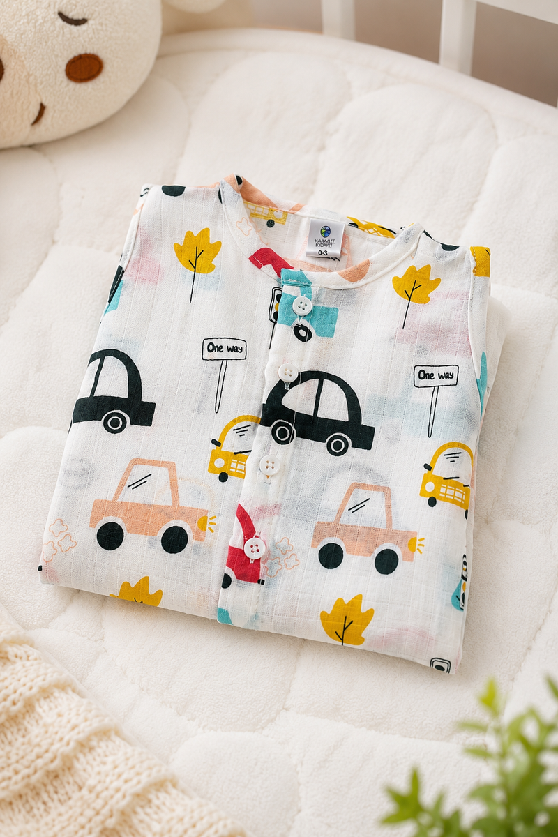 1 Pc Sleeveless 90 GSM Checkered Muslin Jhabla Vest - Cars