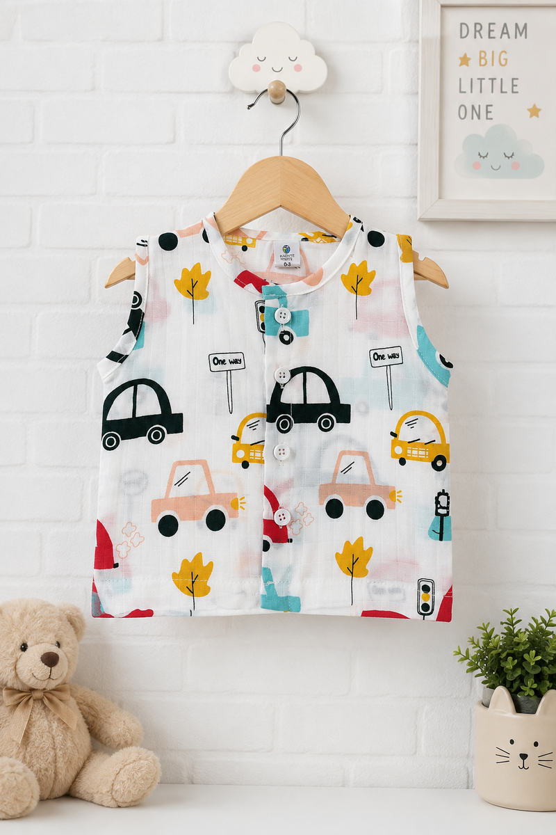 1 Pc Sleeveless 90 GSM Checkered Muslin Jhabla Vest - Cars