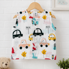 1 Pc Sleeveless 90 GSM Checkered Muslin Jhabla Vest - Cars