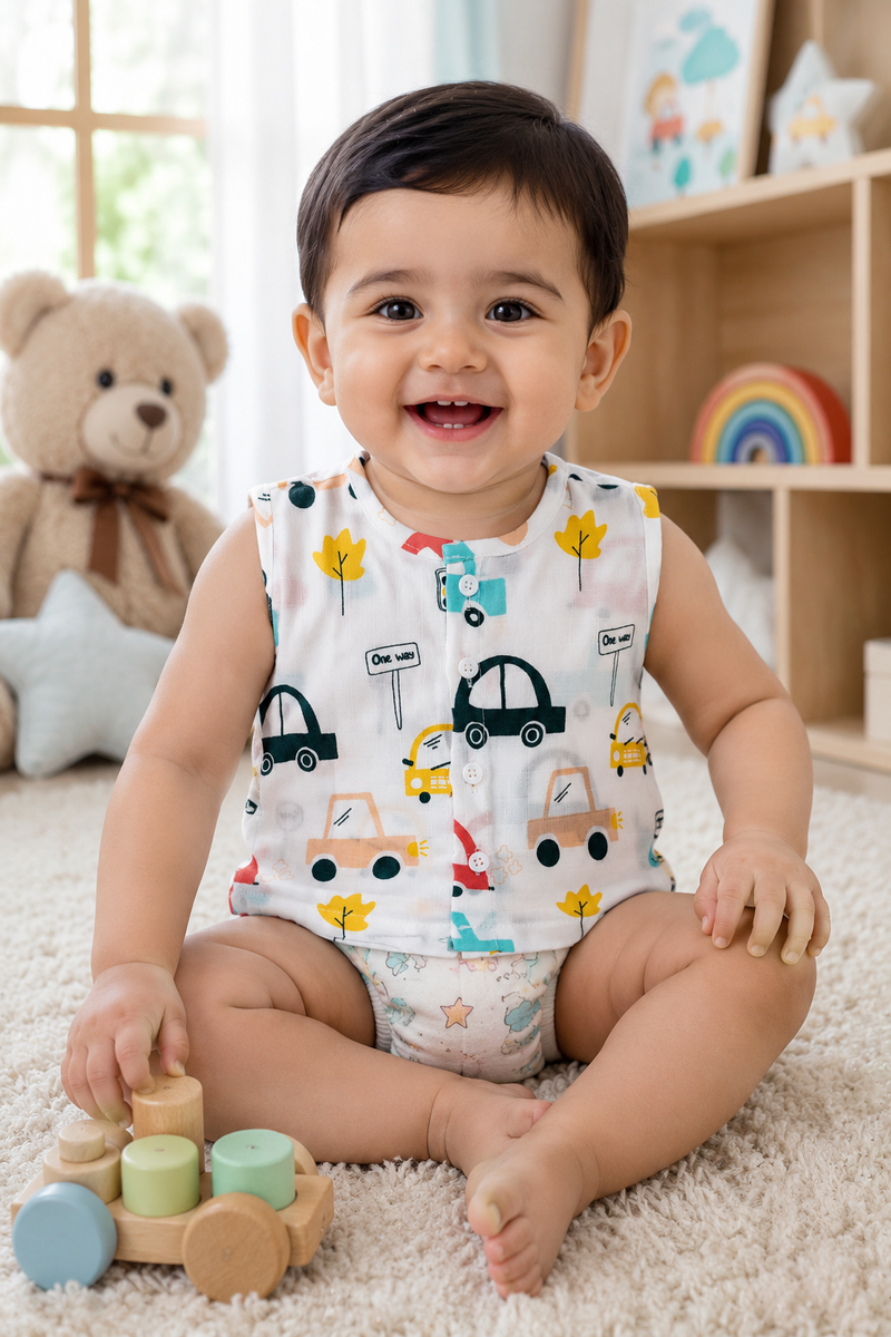 1 Pc Sleeveless 90 GSM Checkered Muslin Jhabla Vest - Cars