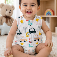 1 Pc Sleeveless 90 GSM Checkered Muslin Jhabla Vest - Cars