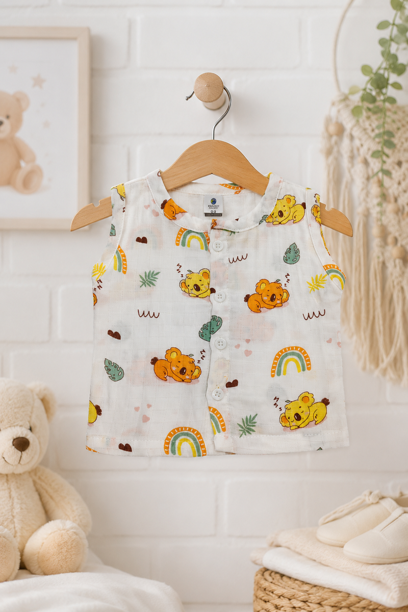 1 Pc Sleeveless 90 GSM Checkered Muslin Jhabla Vest - Orange Koala