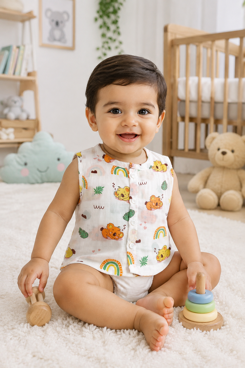 1 Pc Sleeveless 90 GSM Checkered Muslin Jhabla Vest - Orange Koala