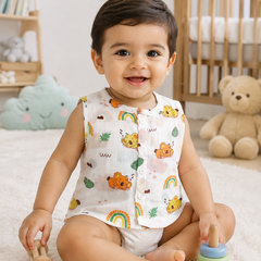 1 Pc Sleeveless 90 GSM Checkered Muslin Jhabla Vest - Orange Koala