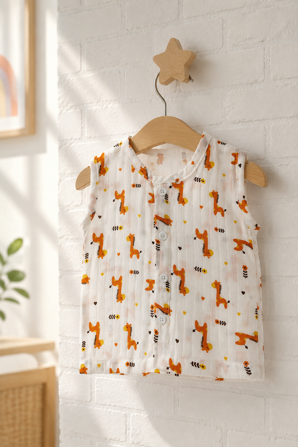 1 Pc Sleeveless 90 GSM Checkered Muslin Jhabla Vest - Giraffe