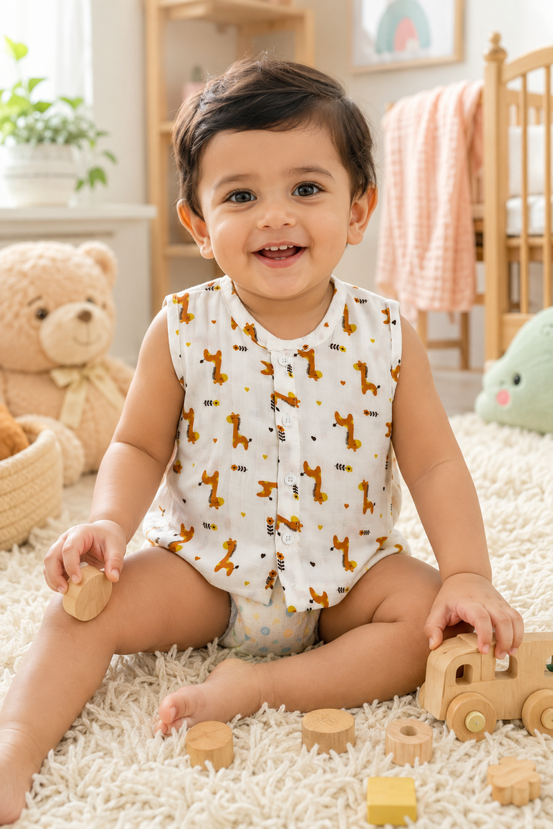 1 Pc Sleeveless 90 GSM Checkered Muslin Jhabla Vest - Giraffe