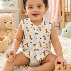 1 Pc Sleeveless 90 GSM Checkered Muslin Jhabla Vest - Giraffe