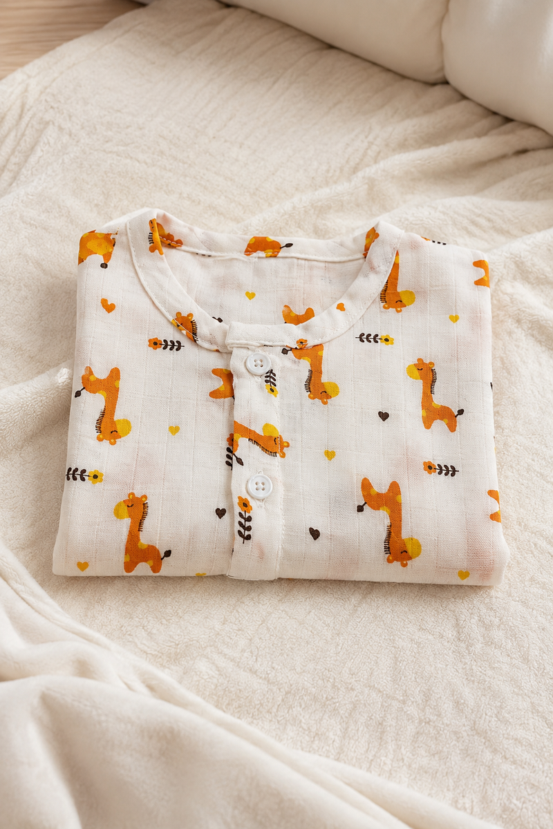 1 Pc Sleeveless 90 GSM Checkered Muslin Jhabla Vest - Giraffe