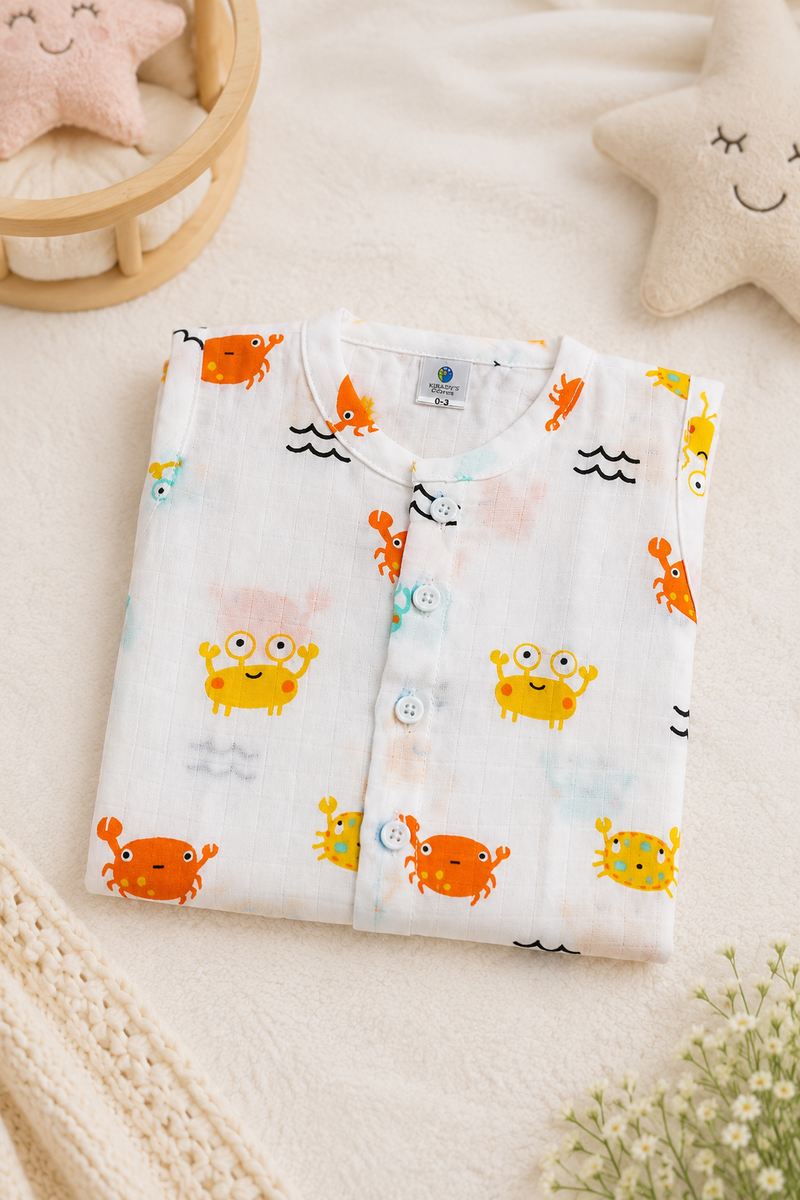 1 Pc Sleeveless 90 GSM Checkered Muslin Jhabla Vest - Cute Crab