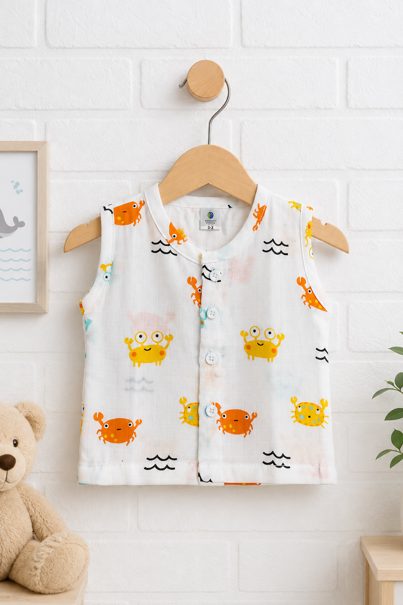1 Pc Sleeveless 90 GSM Checkered Muslin Jhabla Vest - Cute Crab