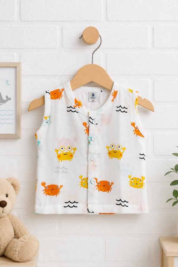 1 Pc Sleeveless 90 GSM Checkered Muslin Jhabla Vest - Cute Crab
