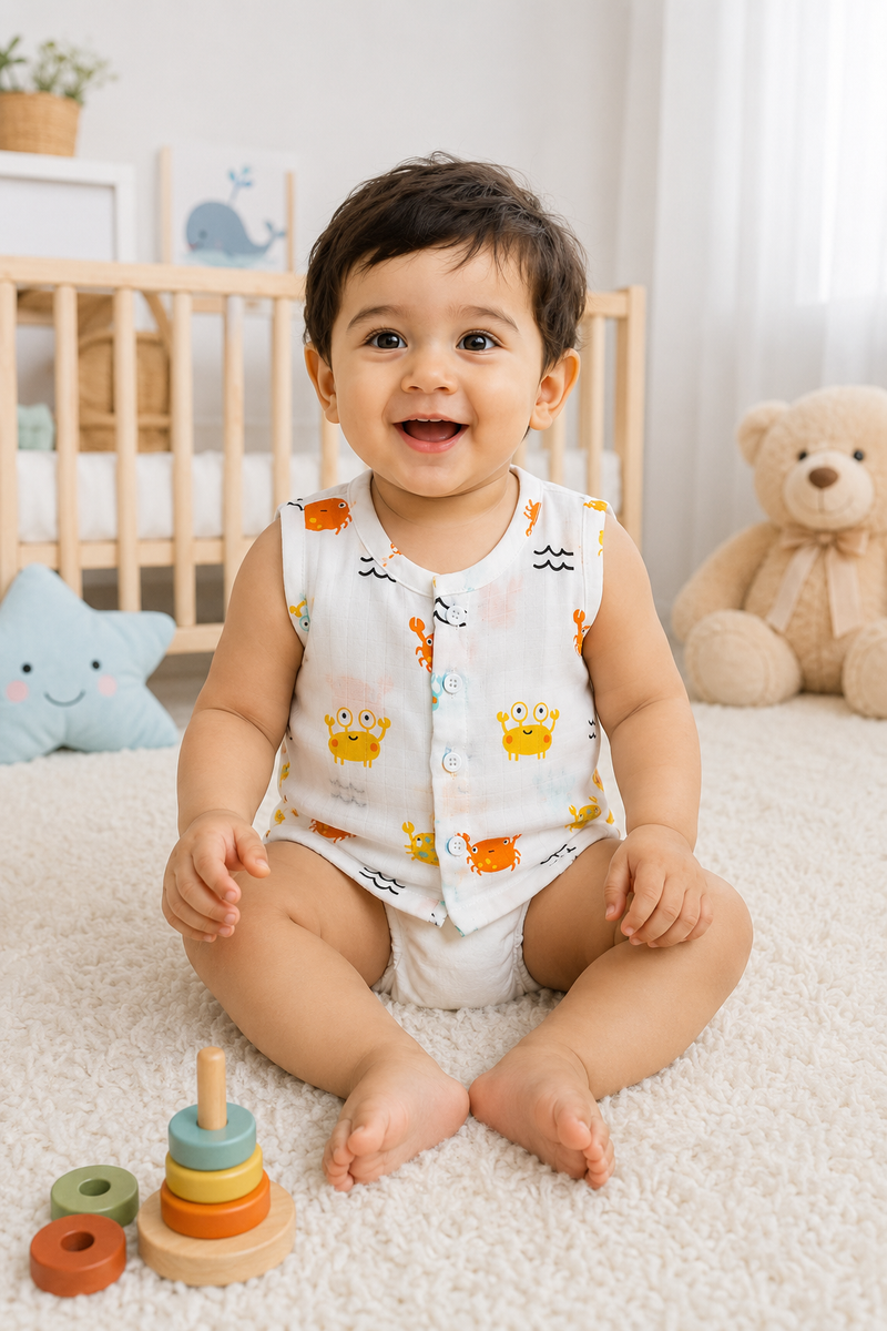 1 Pc Sleeveless 90 GSM Checkered Muslin Jhabla Vest - Cute Crab