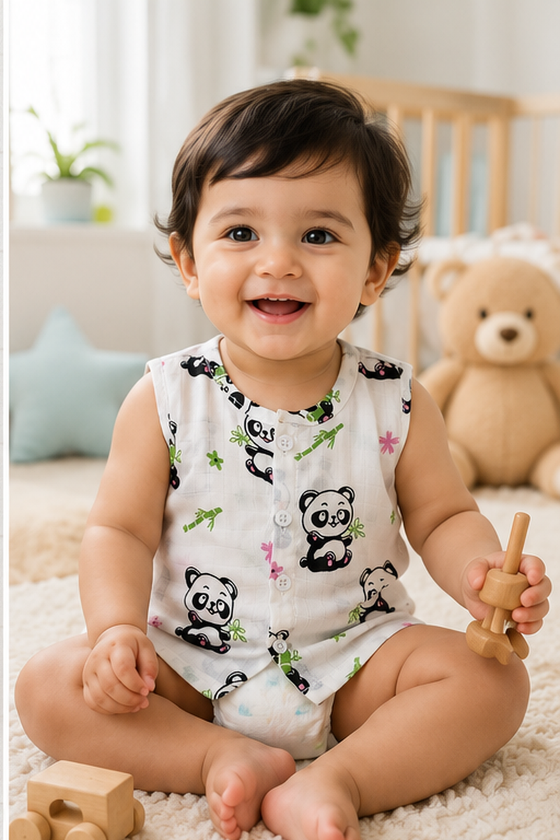 1 Pc Sleeveless 90 GSM Checkered Muslin Jhabla Vest - Panda