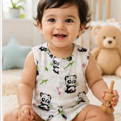 1 Pc Sleeveless 90 GSM Checkered Muslin Jhabla Vest - Panda