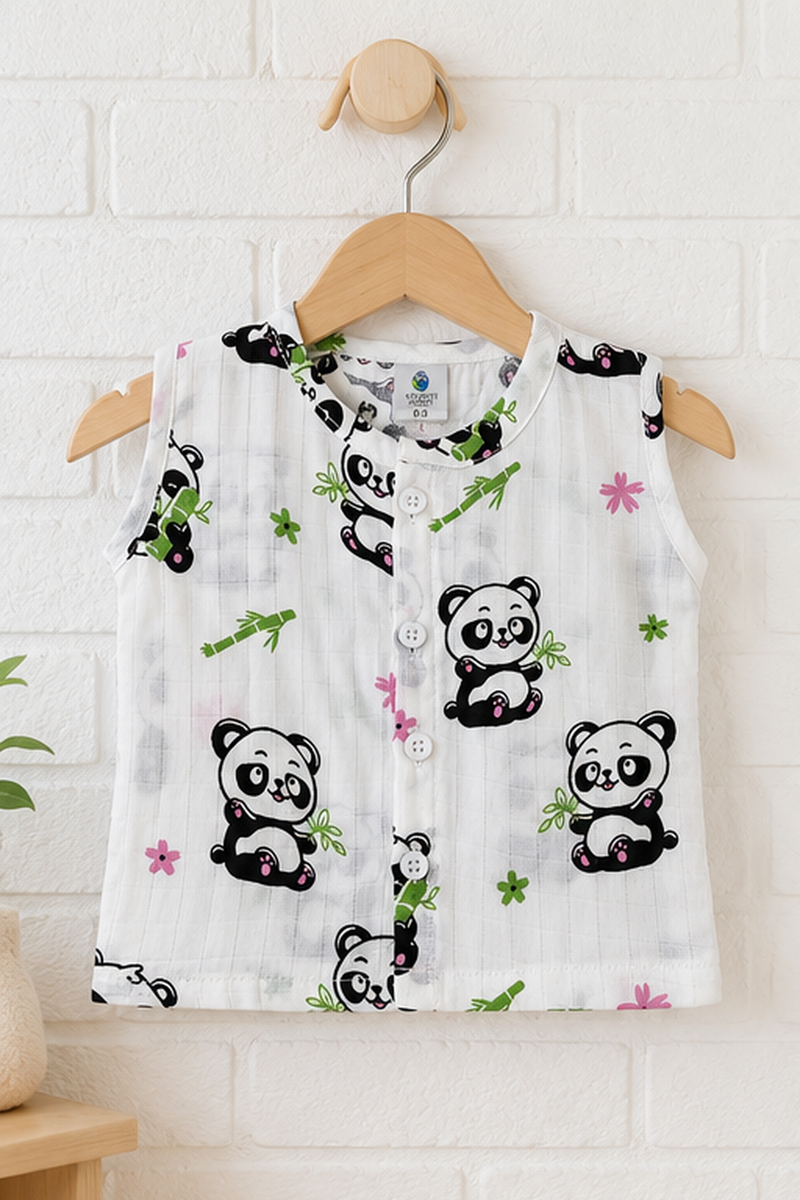 1 Pc Sleeveless 90 GSM Checkered Muslin Jhabla Vest - Panda