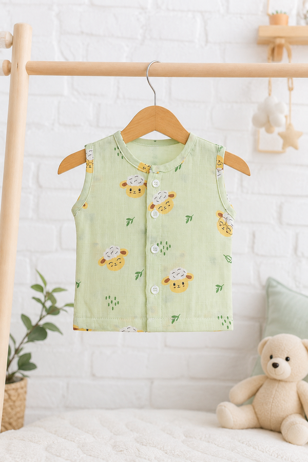 1 Pc Sleeveless 90 GSM Checkered Muslin Jhabla Vest - Green Sheep