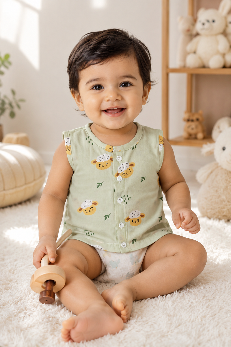 1 Pc Sleeveless 90 GSM Checkered Muslin Jhabla Vest - Green Sheep