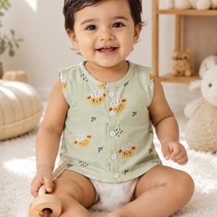 1 Pc Sleeveless 90 GSM Checkered Muslin Jhabla Vest - Green Sheep