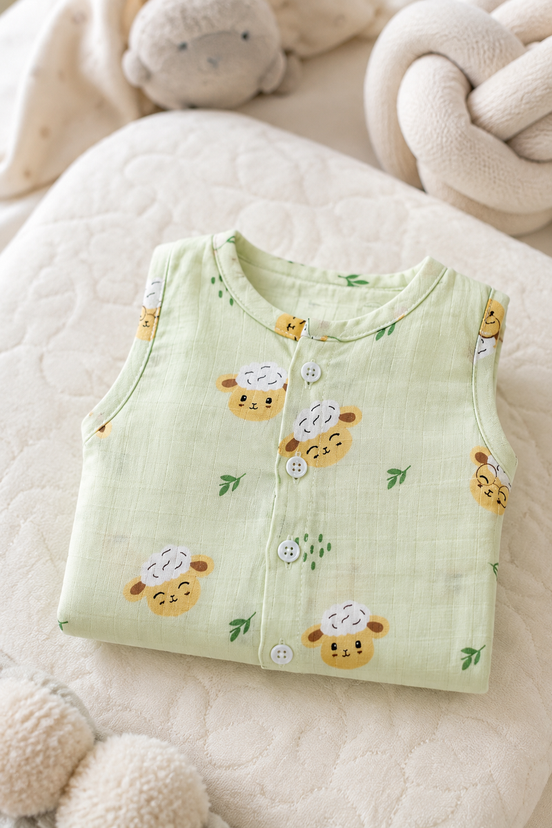 1 Pc Sleeveless 90 GSM Checkered Muslin Jhabla Vest - Green Sheep