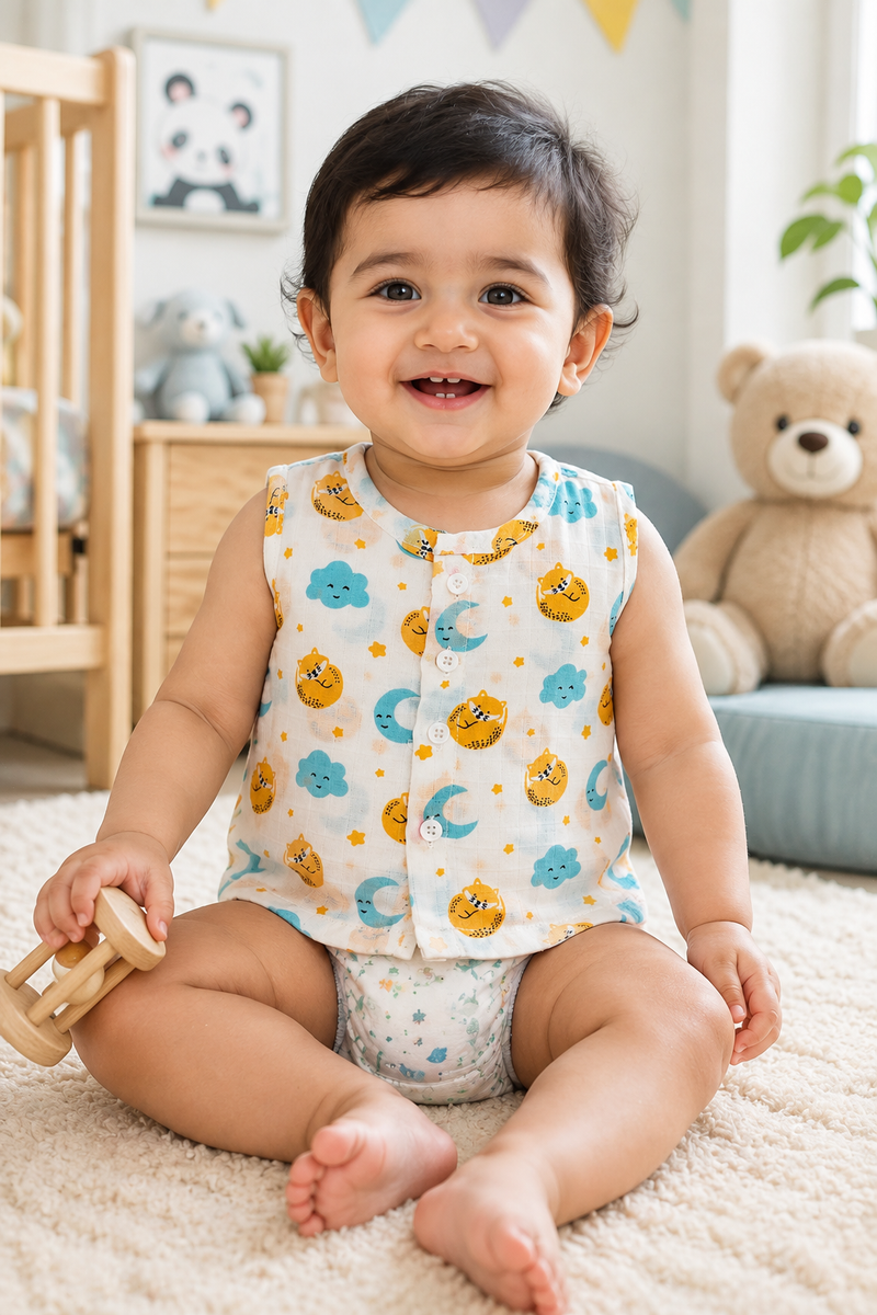 1 Pc Sleeveless 90 GSM Checkered Muslin Jhabla Vest - Sun N Moon