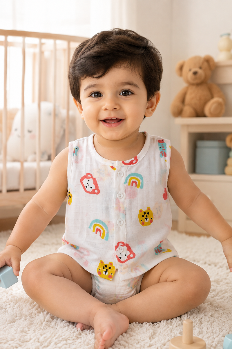 1 Pc Sleeveless 90 GSM Checkered Muslin Jhabla Vest - Too Bee