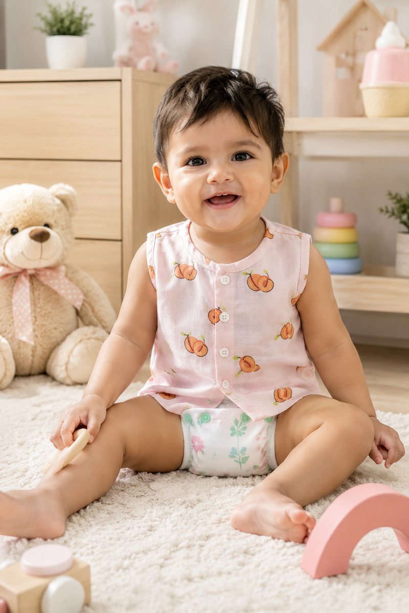1 Pc Sleeveless 90 GSM Checkered Muslin Jhabla Vest - Pink Cherry