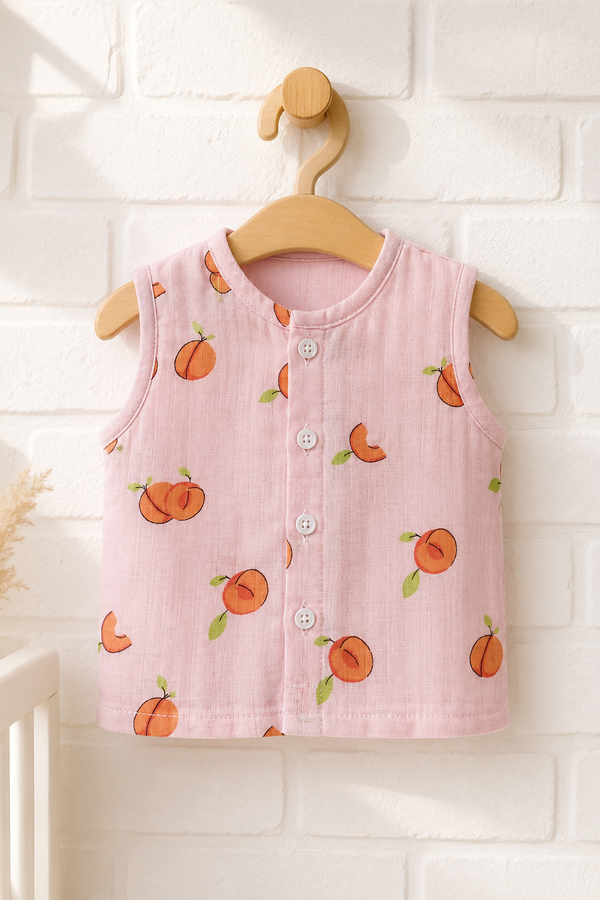 1 Pc Sleeveless 90 GSM Checkered Muslin Jhabla Vest - Pink Cherry