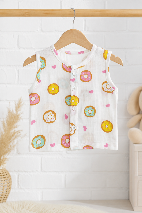 1 Pc Sleeveless 90 GSM Checkered Muslin Jhabla Vest - Donuts
