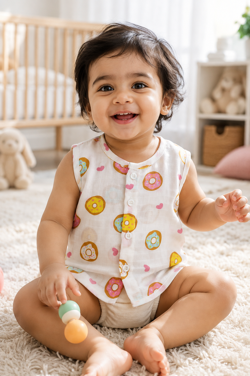 1 Pc Sleeveless 90 GSM Checkered Muslin Jhabla Vest - Donuts