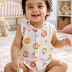 1 Pc Sleeveless 90 GSM Checkered Muslin Jhabla Vest - Donuts