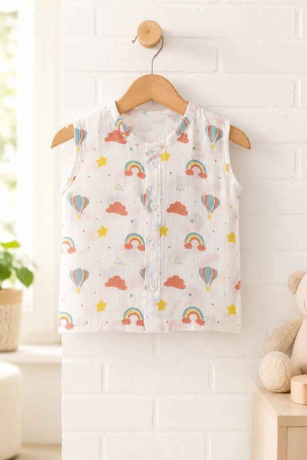 1 Pc Sleeveless 90 GSM Checkered Muslin Jhabla Vest - Balloons