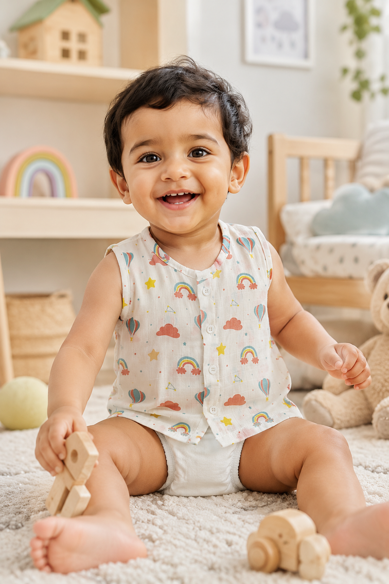 1 Pc Sleeveless 90 GSM Checkered Muslin Jhabla Vest - Balloons