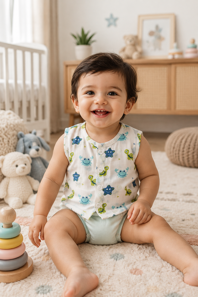 1 Pc Sleeveless 90 GSM Checkered Muslin Jhabla Vest - Starsy