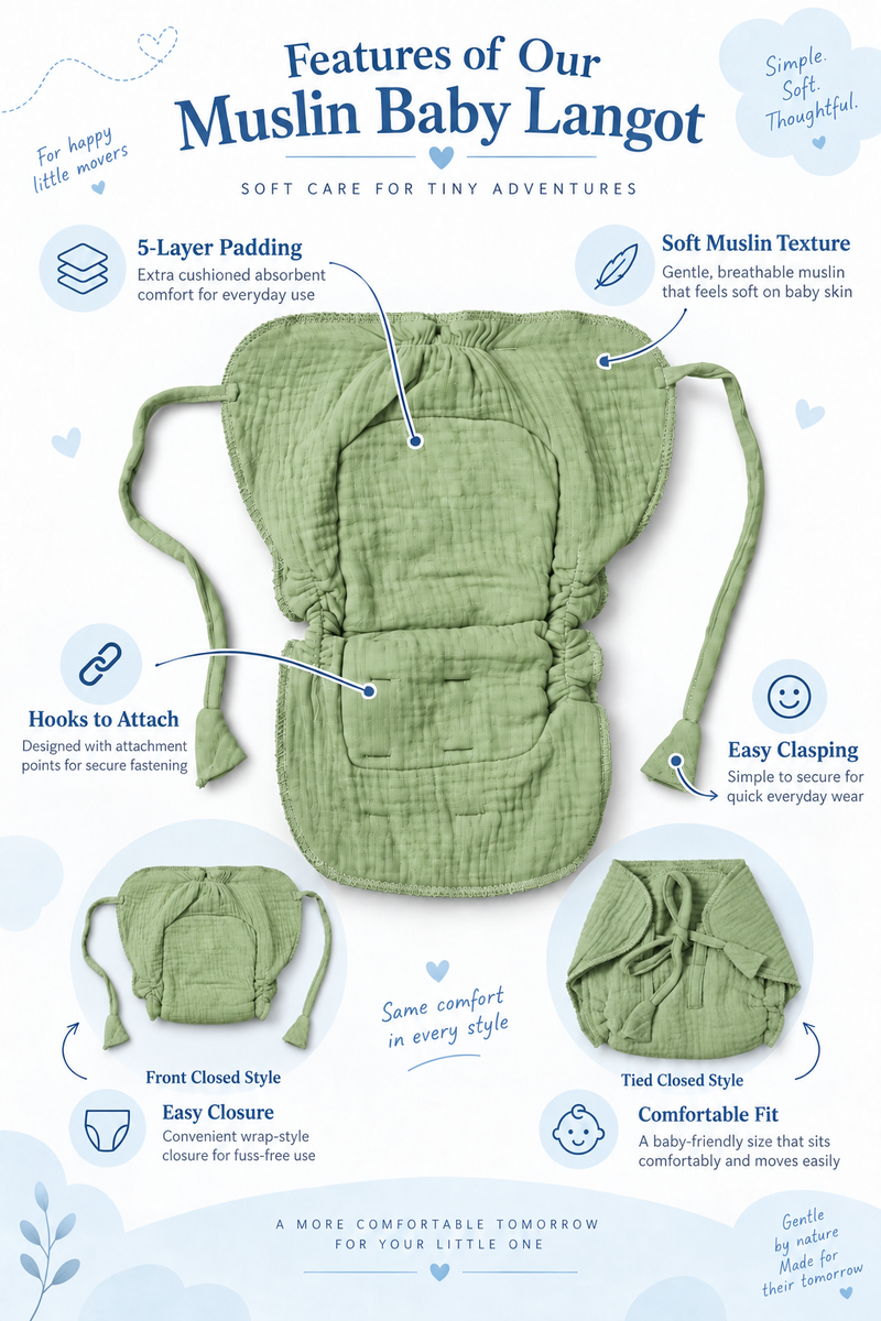Earth Green Langot - 5 Layer Padded Muslin Baby Langots |Reusable| for Diaper Free Time