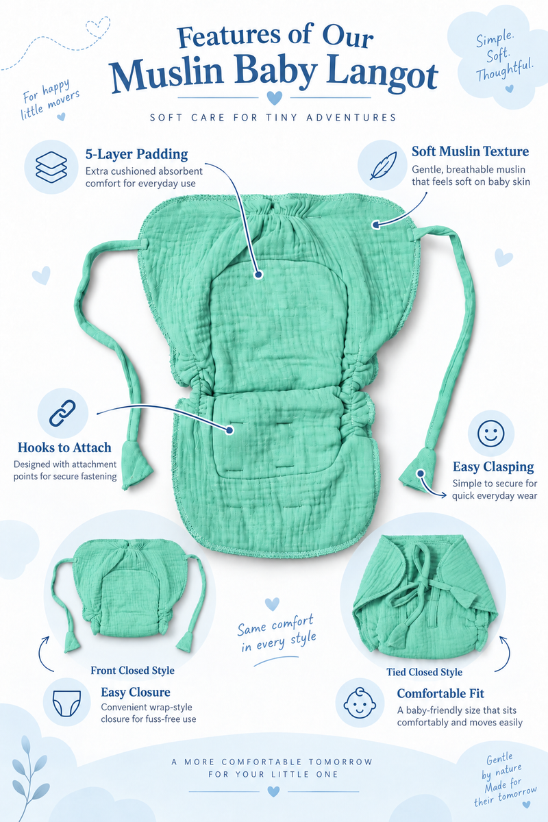 Mint Green Langot - 5 Layer Padded Muslin Baby Langots |Reusable| for Diaper Free Time
