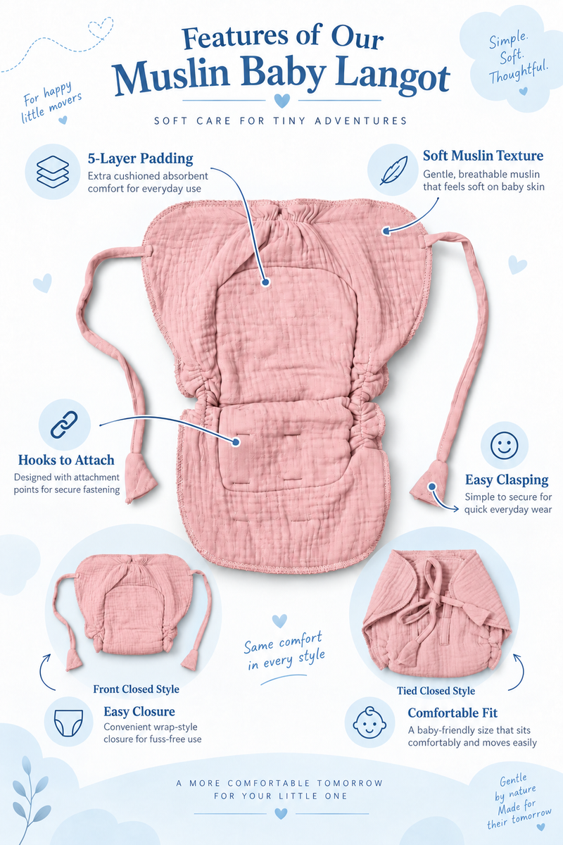 Pink Langot - 5 Layer Padded Muslin Baby Langots |Reusable| for Diaper Free Time