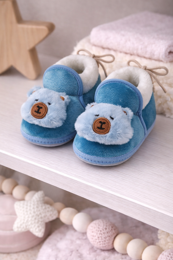 Kradyl Kroft 6-18 Months Booties with Drawstrings | Kids First Walking Soft Fabric Fur Shoes with Anti Slip Sole-BlueBear