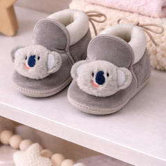 Kradyl Kroft 6-18 Months Booties with Drawstrings | Kids First Walking Soft Fabric Fur Shoes with Anti Slip Sole-Grey Koala
