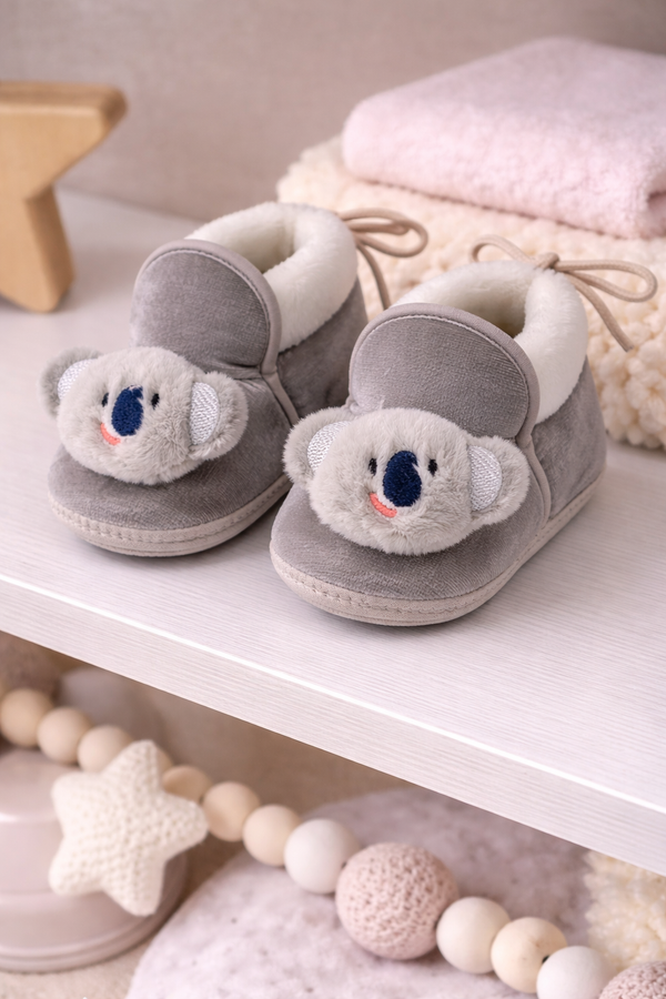 Kradyl Kroft 6-18 Months Booties with Drawstrings | Kids First Walking Soft Fabric Fur Shoes with Anti Slip Sole-Grey Koala
