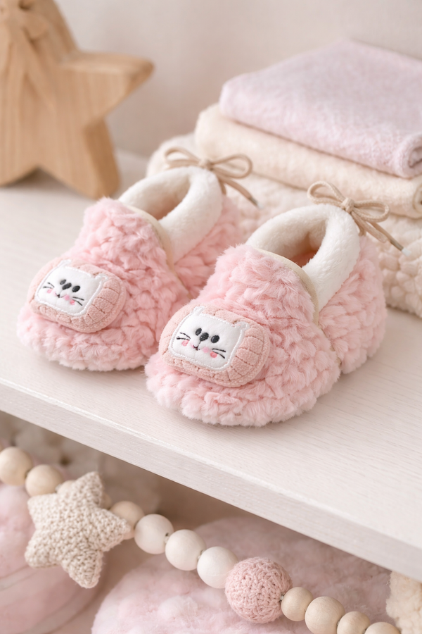 Kradyl Kroft 6-18 Months Booties with Drawstrings | Kids First Walking Soft Fabric Fur Shoes with Anti Slip Sole-Fluffy Pink