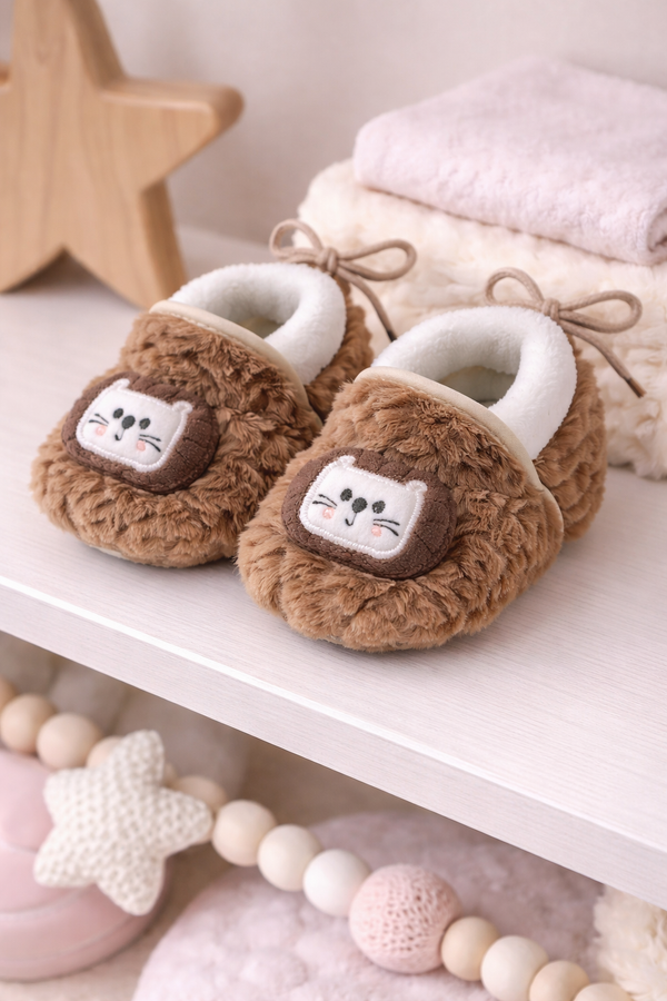 Kradyl Kroft 6-18 Months Booties with Drawstrings | Kids First Walking Soft Fabric Fur Shoes with Anti Slip Sole-Brown Kitty