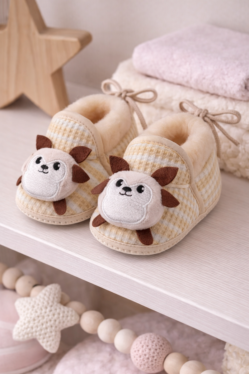 Kradyl Kroft 6-18 Months Booties with Drawstrings | Kids First Walking Soft Fabric Fur Shoes with Anti Slip Sole-Beige Pchu