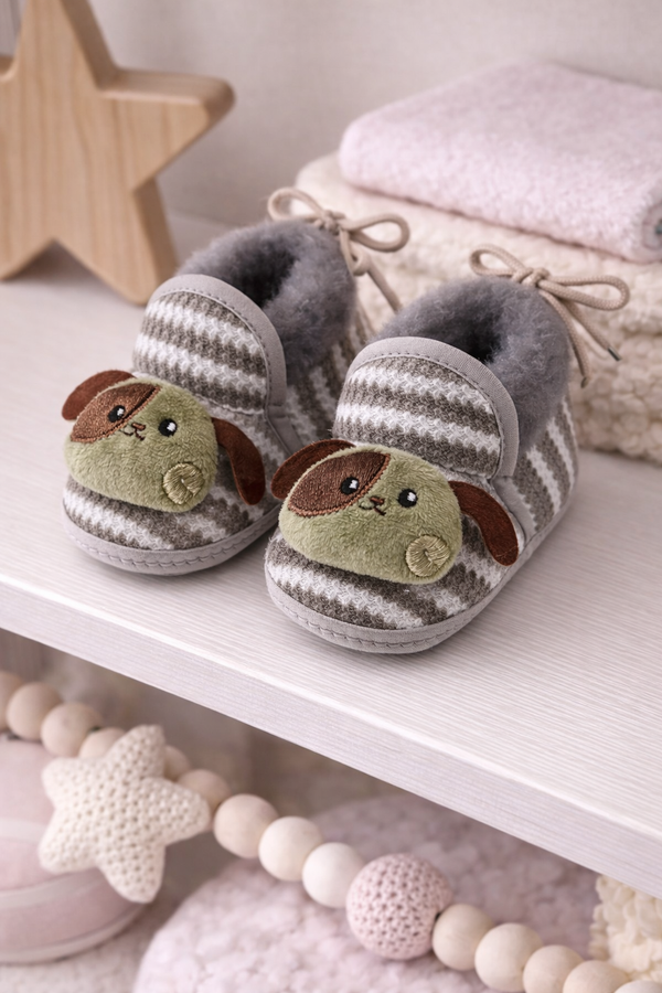 Kradyl Kroft 6-18 Months Booties with Drawstrings | Kids First Walking Soft Fabric Fur Shoes with Anti Slip Sole-Green Puppy