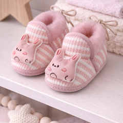 Kradyl Kroft 6-18 Months Booties with Drawstrings | Kids First Walking Soft Fabric Fur Shoes with Anti Slip Sole-Pink Stripes