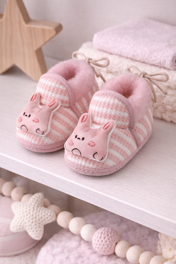 Kradyl Kroft 6-18 Months Booties with Drawstrings | Kids First Walking Soft Fabric Fur Shoes with Anti Slip Sole-Pink Stripes