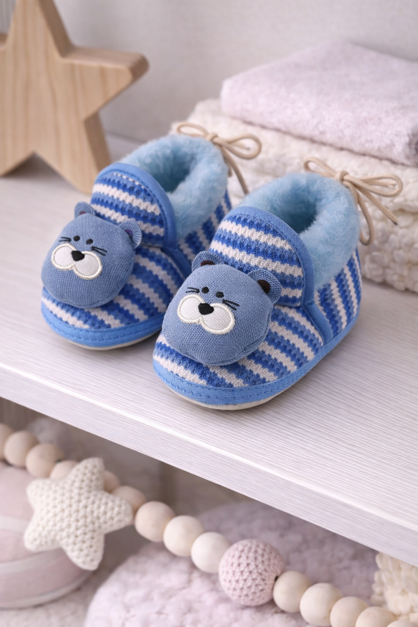 Kradyl Kroft 6-18 Months Booties with Drawstrings | Kids First Walking Soft Fabric Fur Shoes with Anti Slip Sole-Blue Stripes