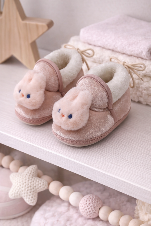 Kradyl Kroft 6-18 Months Booties with Drawstrings | Kids First Walking Soft Fabric Fur Shoes with Anti Slip Sole-Pink Bunny